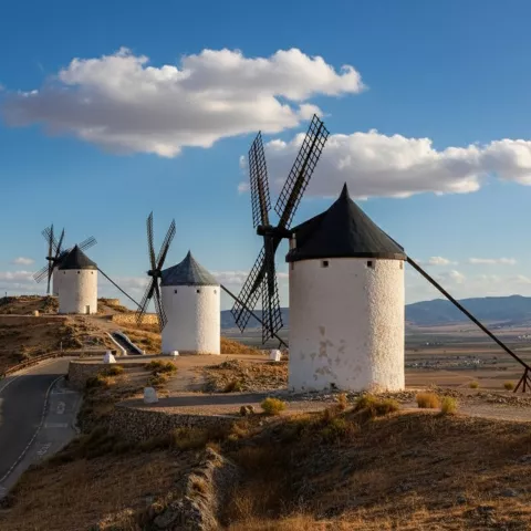 Molinos de viento sobre una loma junto a la carretera