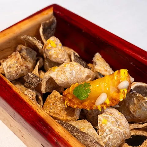 Aperitivo servido sobre crujientes con salsa y decoración vegetal.