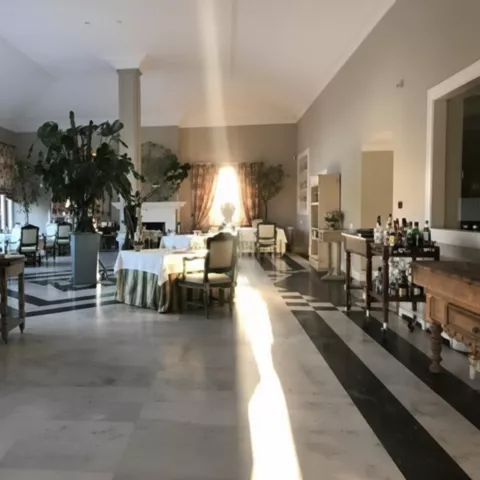 Salón luminoso con mesas, plantas y chimenea