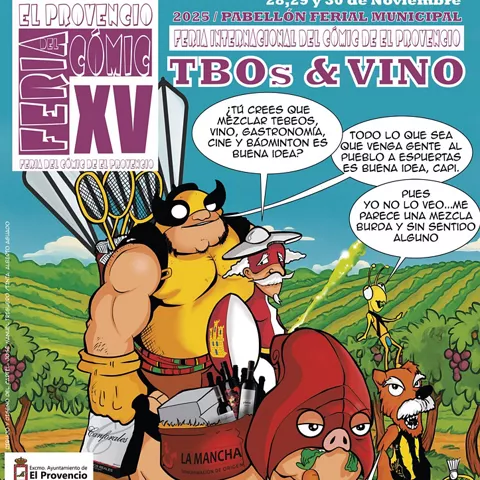 Cartel ilustrado de feria del cómic con personajes animados y viñetas.