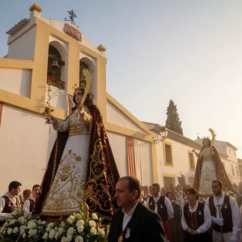 Procesión frente a iglesia blanca al atardecer.