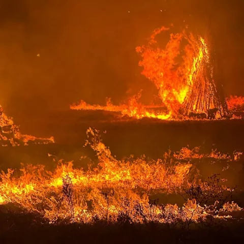 Gran fogata iluminando el paisaje oscuro nocturno.