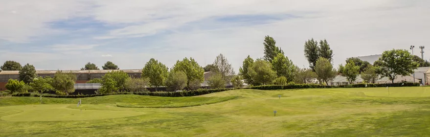 Campo de golf con green y banderas bajo cielo parcialmente nublado