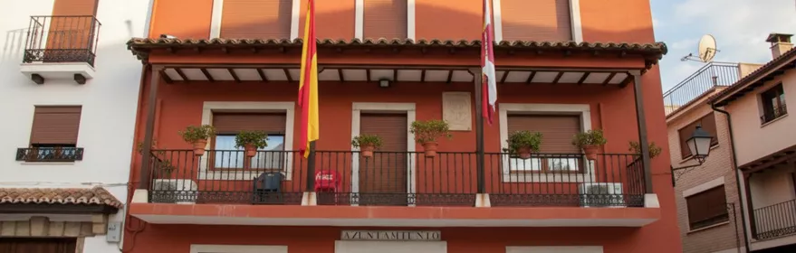 Fachada de edificio consistorial con balcones y banderas