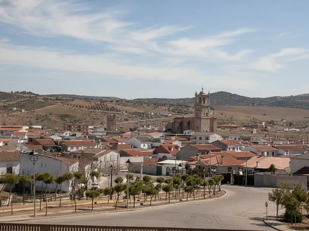 Vista general del casco urbano con tejados rojizos y paisaje de colinas.