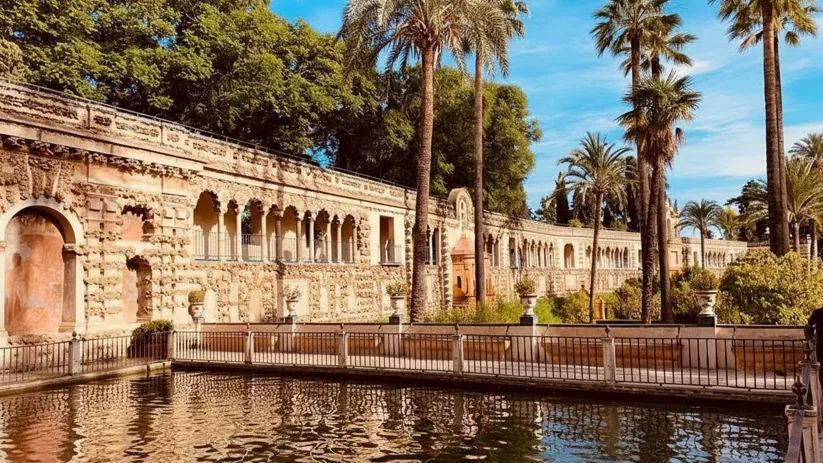 Galería histórica con arcos y palmeras junto al agua.