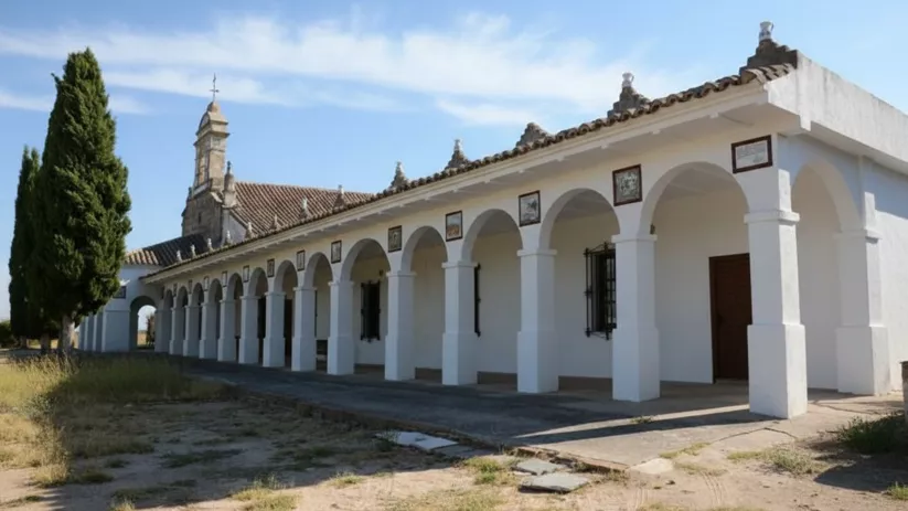 Galería porticada blanca junto a ermita en entorno rural