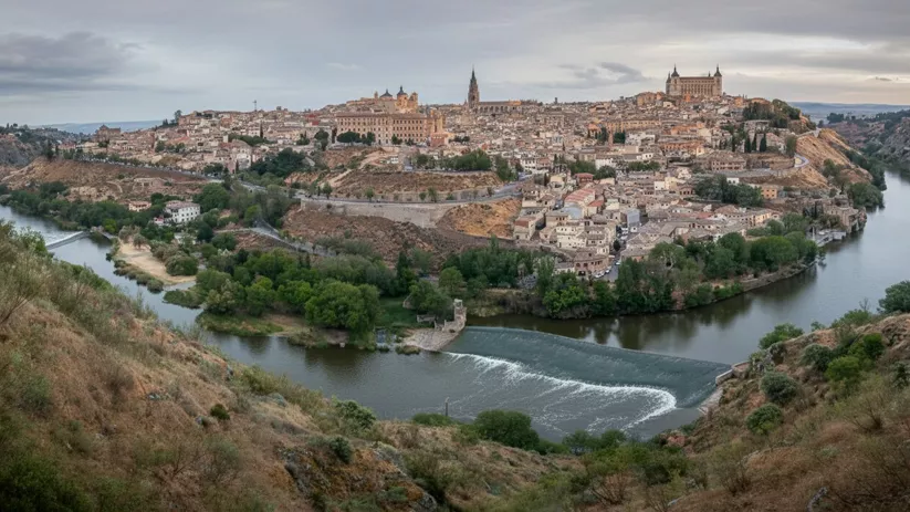 Vista panorámica de ciudad histórica rodeada por un río