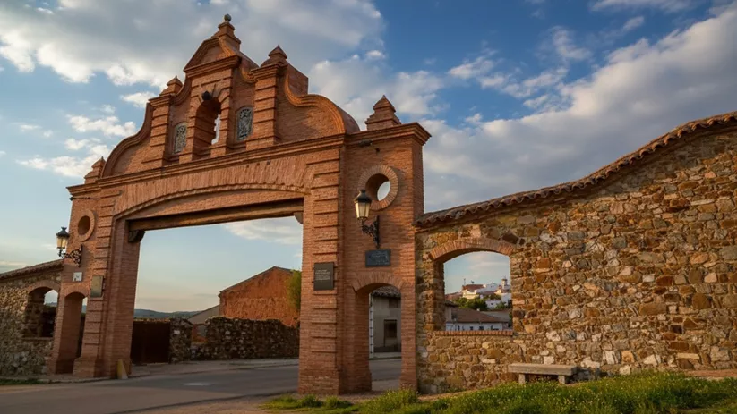 Puerta monumental de acceso con arco de ladrillo y muros de piedra