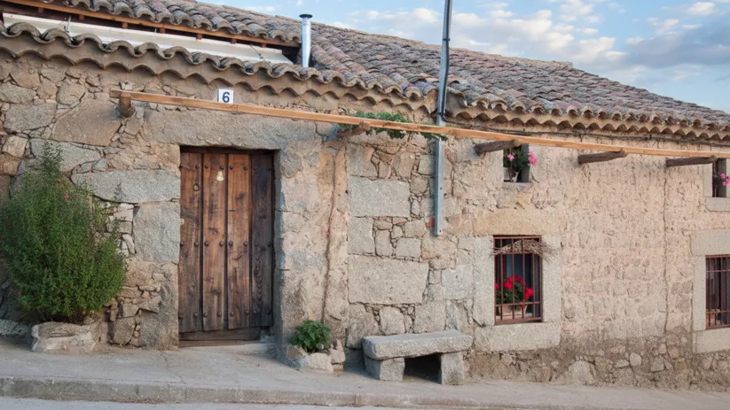 Casa tradicional de piedra con puerta de madera y banco exterior