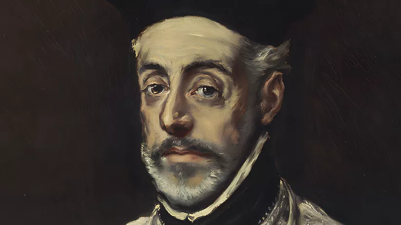 Retrato pintado de religioso con barba y fondo oscuro