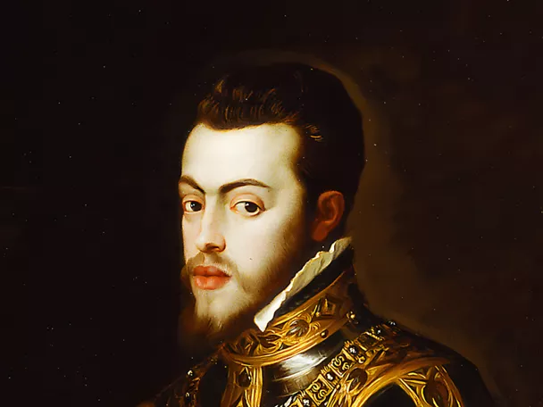 Retrato pintado de hombre joven con gola y fondo oscuro