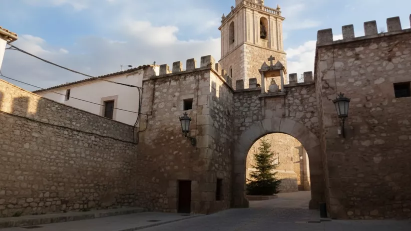 Arco de piedra con muralla almenada