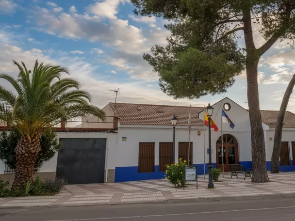 Fachada consistorial con banderas y plaza arbolada