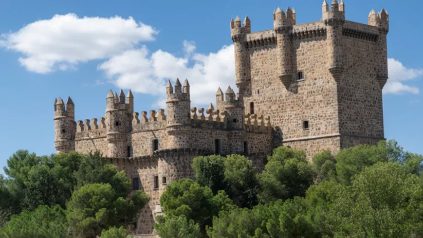 Castillo de piedra con torres y almenas entre árboles
