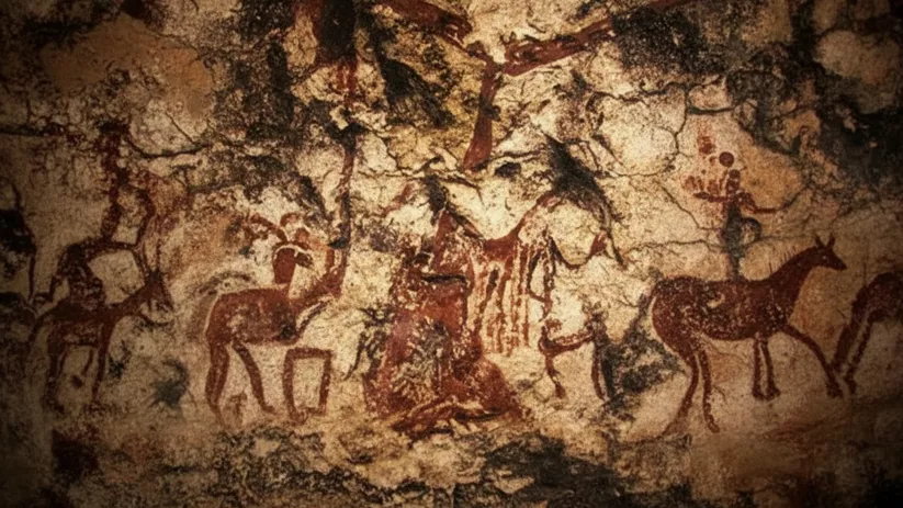 Escena rupestre con animales y figuras humanas en pigmento rojo oscuro.