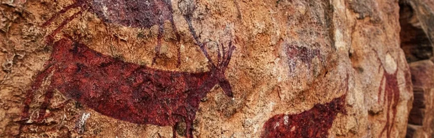 Pinturas rupestres con figuras de ciervos en tonos rojos sobre roca.