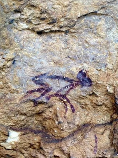 Pintura rupestre de figura animal en roca ocre.