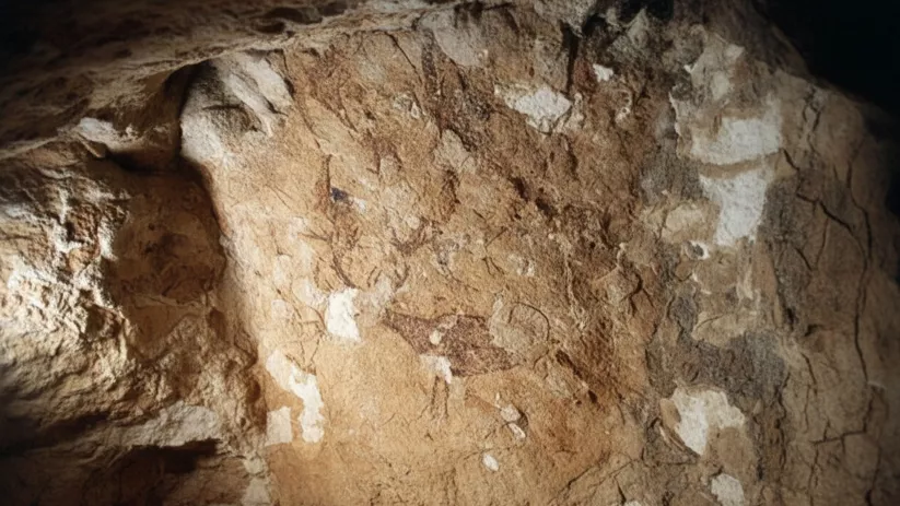 Panel de arte rupestre tenue sobre pared de cueva iluminada.
