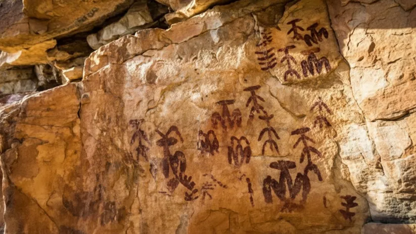 Pinturas rupestres con figuras humanas esquemáticas en tonos rojizos sobre roca.