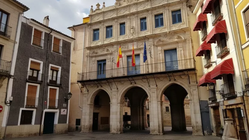 Fachada barroca con balcones y arcos en plaza mayor