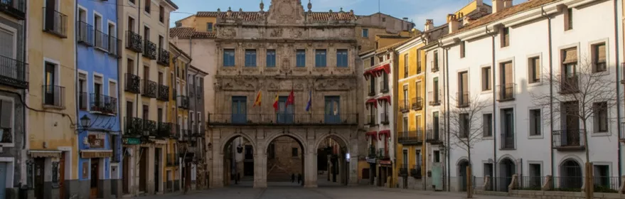 Plaza histórica con edificio porticado y fachadas coloridas