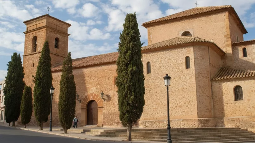 Fachada lateral de iglesia de piedra con cipreses y farolas.