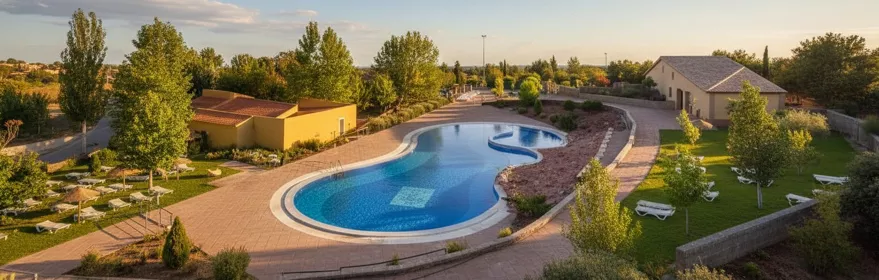 Vista elevada de piscina exterior con solárium, césped, tumbonas y edificios alrededor.