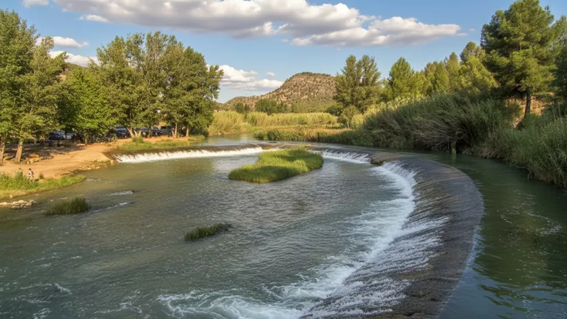 Curva de azud en paraje fluvial rodeado de vegetación