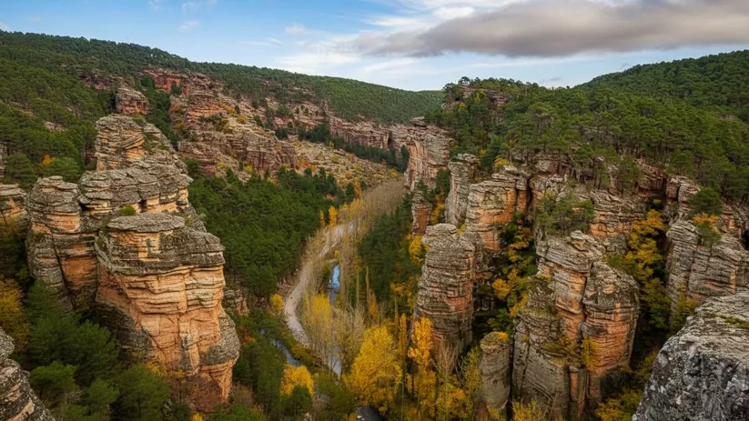Desfiladero con formaciones rocosas y bosque frondoso.