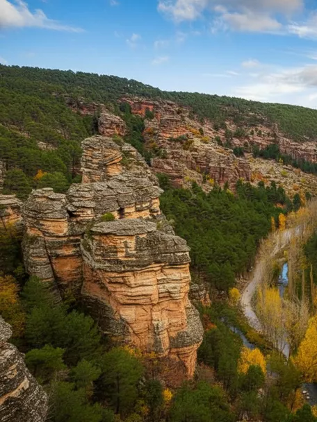 Cañón de roca rojiza con río entre pinares.