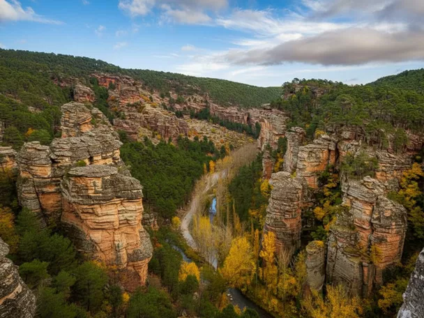 Cañón de roca rojiza con río entre pinares.
