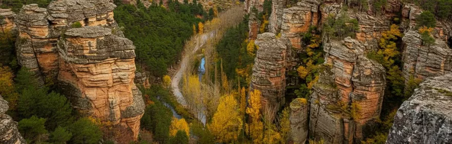 Cañón de roca rojiza con río entre pinares.