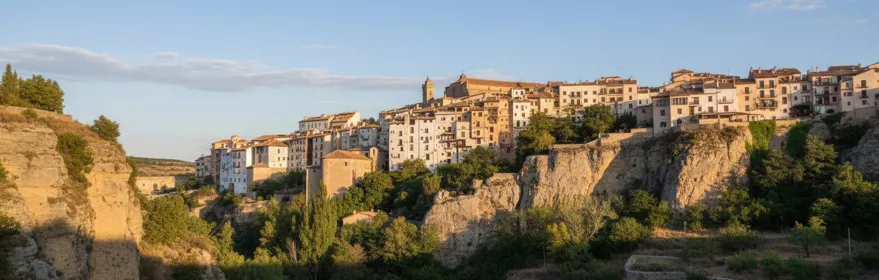Casas colgadas sobre acantilado al atardecer