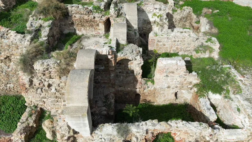 Vista aérea de complejos de baños en ruinas con vegetación entre los muros.