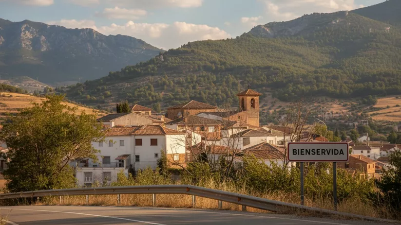 Entrada a pueblo con carretera, casas e iglesia entre montañas