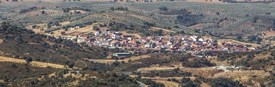 Vista aérea de un pueblo rodeado de colinas y olivares