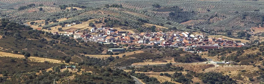 Vista aérea de un núcleo rural rodeado de olivares y colinas