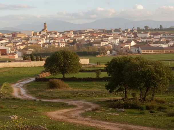 Camino rural entre prados con el pueblo al fondo