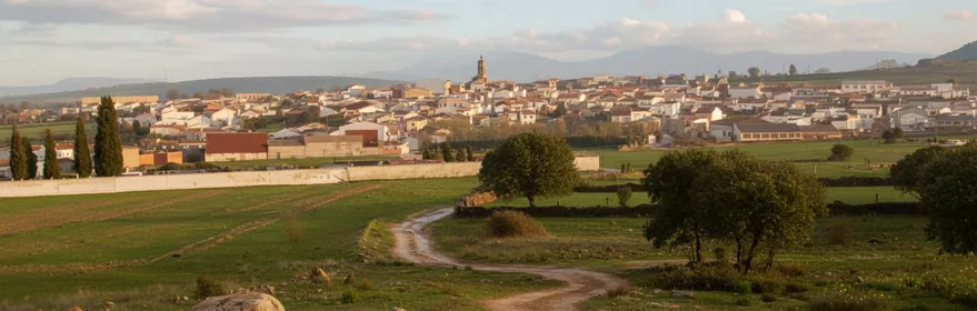 Camino rural entre prados con el pueblo al fondo