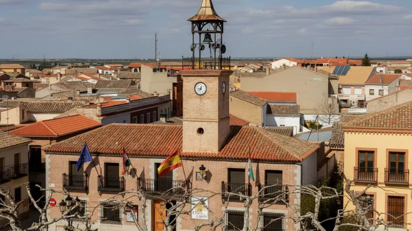 Plaza urbana con edificio consistorial y torre con campana