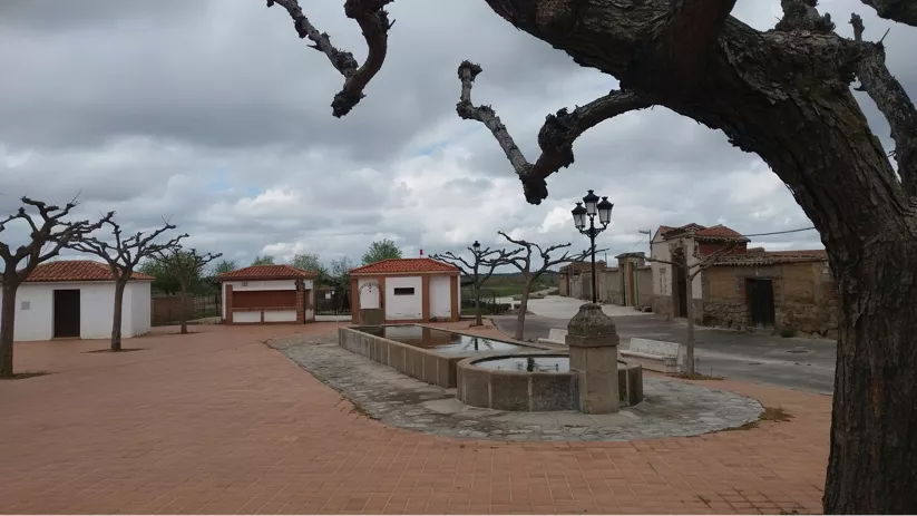 Plaza tradicional con fuente y árboles sin hojas