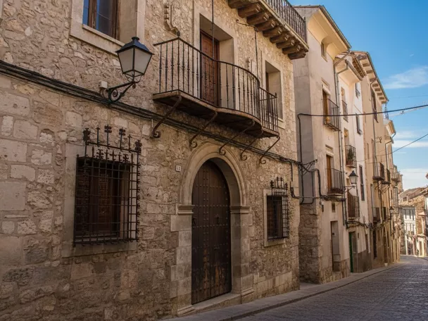 Calle empedrada con fachadas de piedra y balcones de hierro