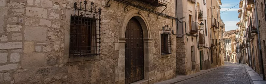 Calle empedrada con fachadas de piedra y balcones de hierro