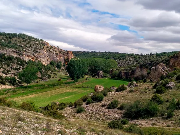Valle fluvial entre cañones rocosos.