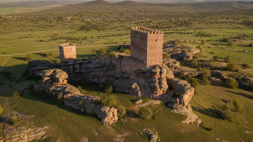 Fortaleza de piedra sobre afloramiento rocoso en paisaje abierto