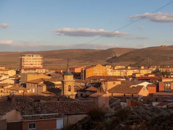 Vista panorámica de núcleo urbano con tejados y colinas al fondo