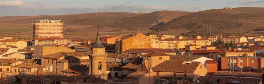 Vista panorámica de núcleo urbano con tejados y colinas al fondo