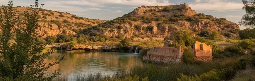 Lago tranquilo al atardecer con colinas rocosas y ruinas junto a la orilla.