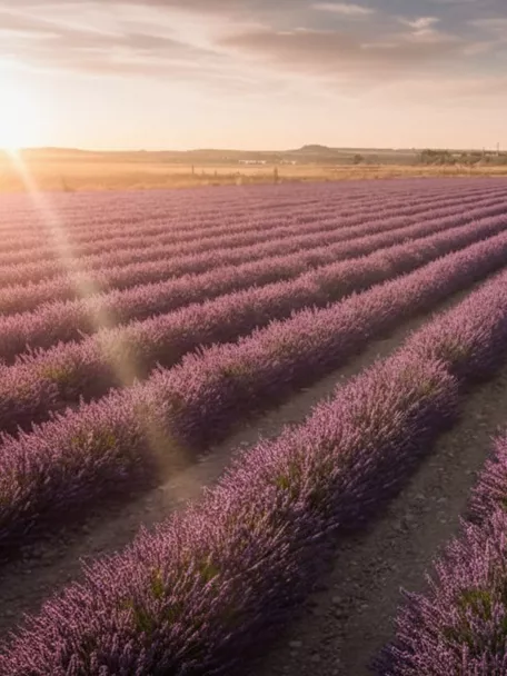 Campo de lavanda al atardecer con luz dorada y horizonte abierto.